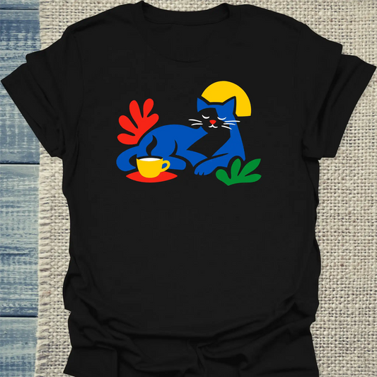 T-Shirt - Matisse Katze mit Kaffee - Unisex - Katze & Kaffee Schwarz