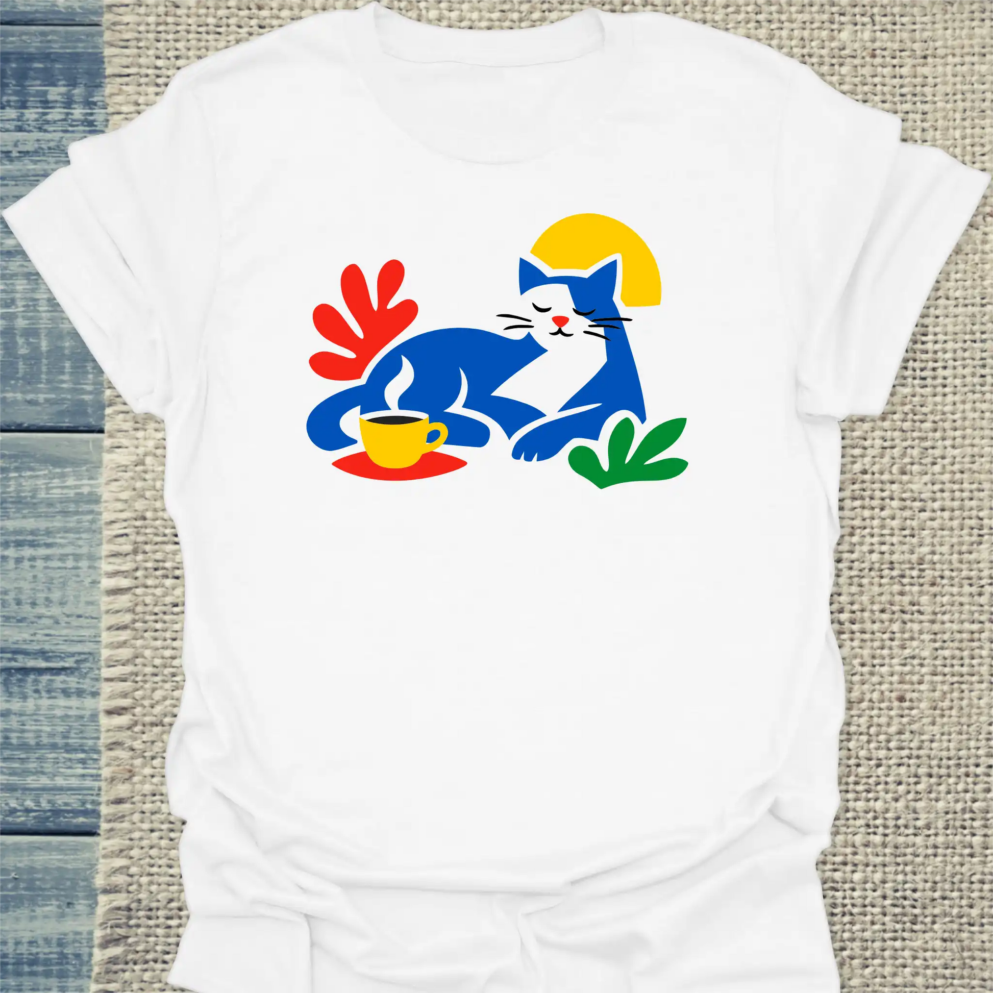 T-Shirt - Matisse Katze mit Kaffee - Unisex - Katze & Kaffee Weiß