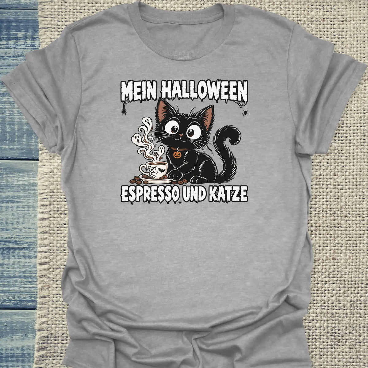 T-Shirt - Mein Halloween - Unisex - Katze & Kaffee, Halloween Grau