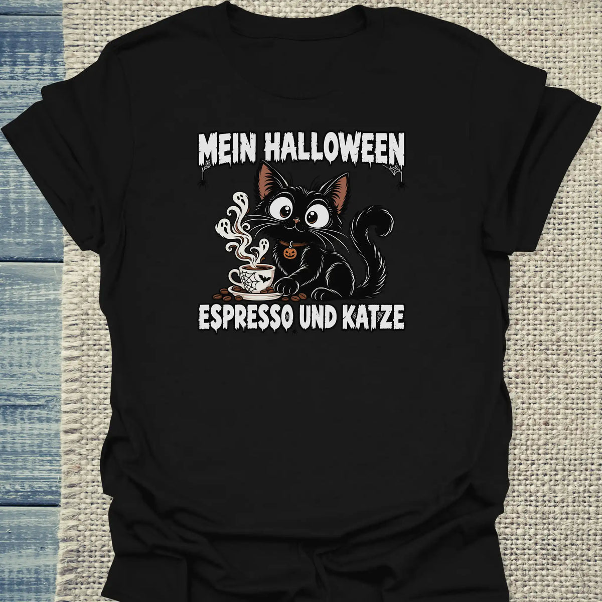 T-Shirt - Mein Halloween - Unisex - Katze & Kaffee, Halloween Schwarz
