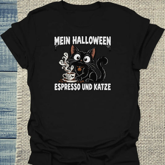 T-Shirt - Mein Halloween - Unisex - Katze & Kaffee, Halloween Schwarz