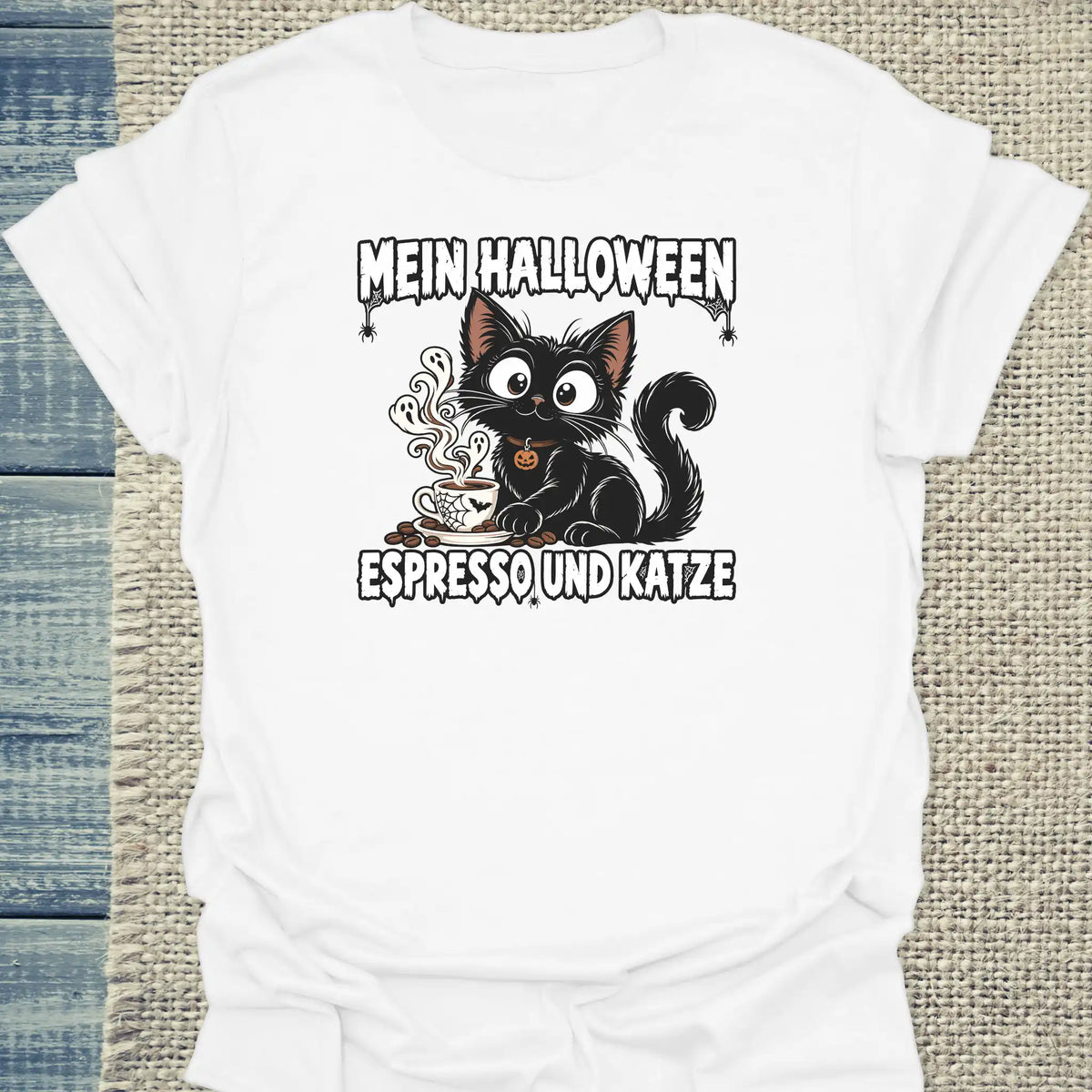 T-Shirt - Mein Halloween - Unisex - Katze & Kaffee, Halloween Weiß