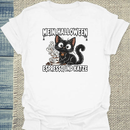T-Shirt - Mein Halloween - Unisex - Katze & Kaffee, Halloween Weiß