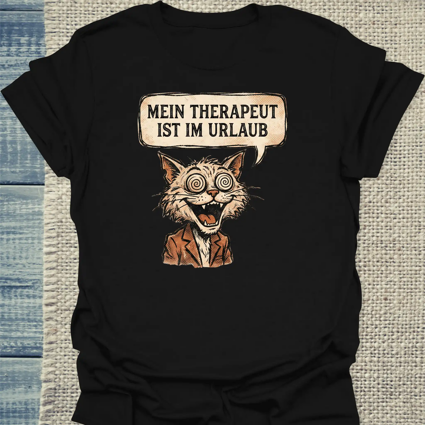T-Shirt - Mein Therapeut ist im Urlaub - Unisex - Katze, Cat Guy Schwarz