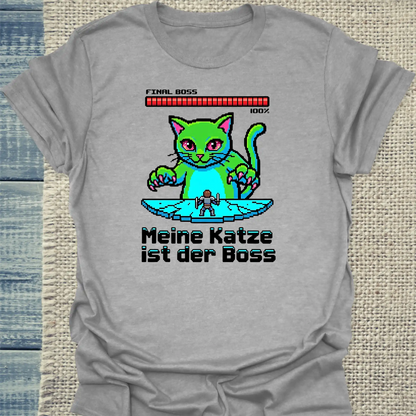 T-Shirt - Meine Katze ist der Boss - 8-bit - Unisex - Katze Grau