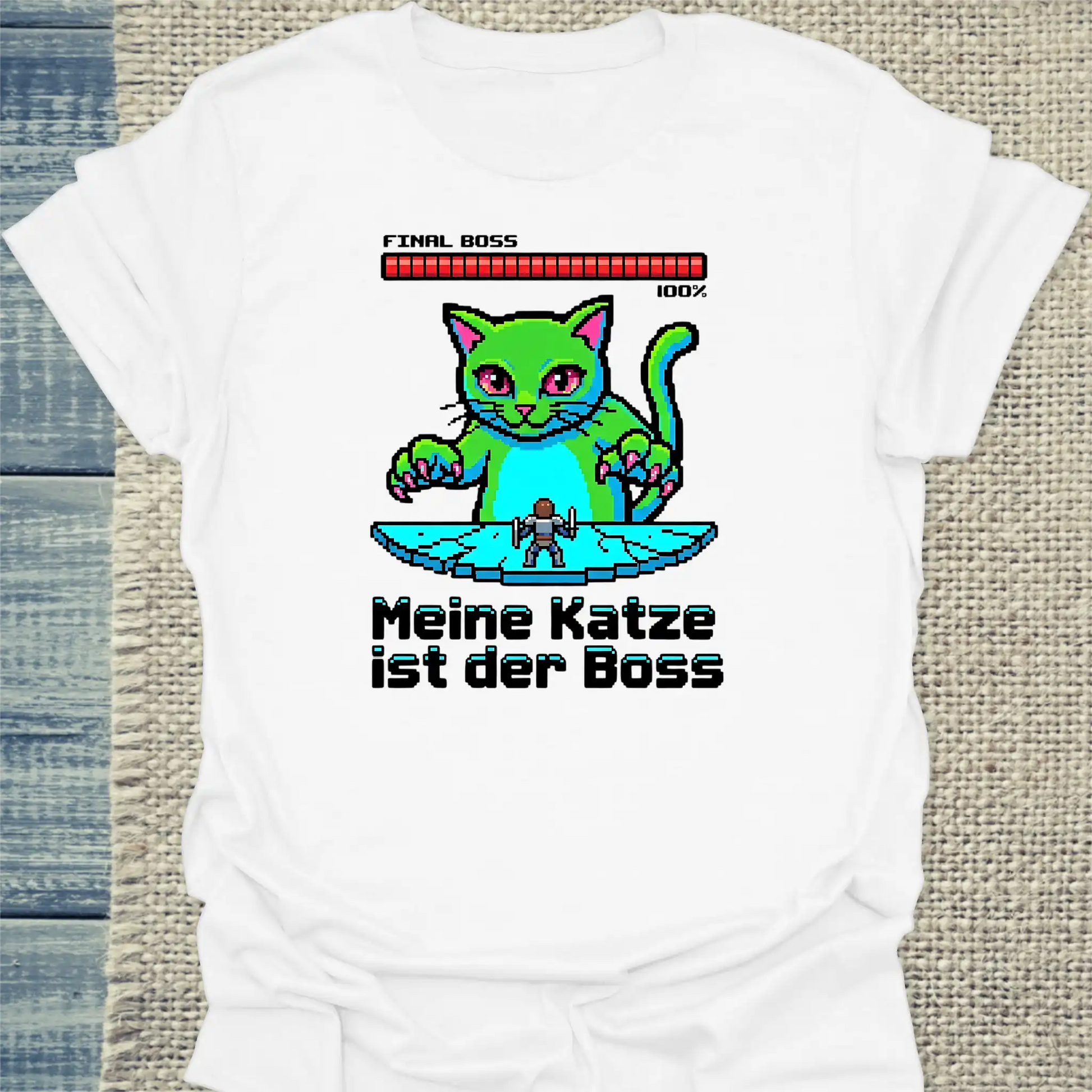 T-Shirt - Meine Katze ist der Boss - 8-bit - Unisex - Katze Weiß