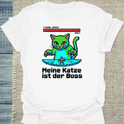 T-Shirt - Meine Katze ist der Boss - 8-bit - Unisex - Katze Weiß