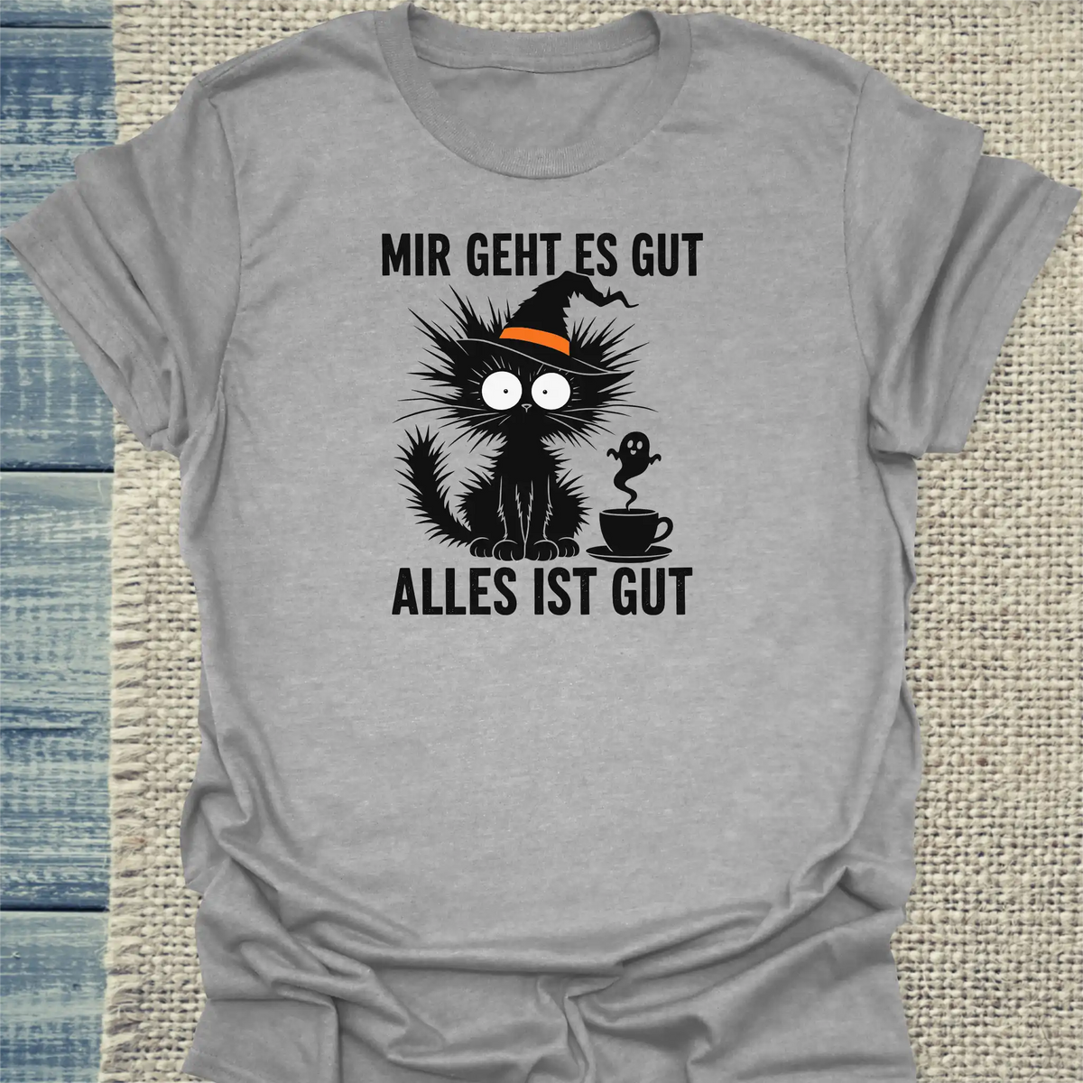T-Shirt - Mir geht es gut Halloween - Unisex - Katze, Halloween Grau