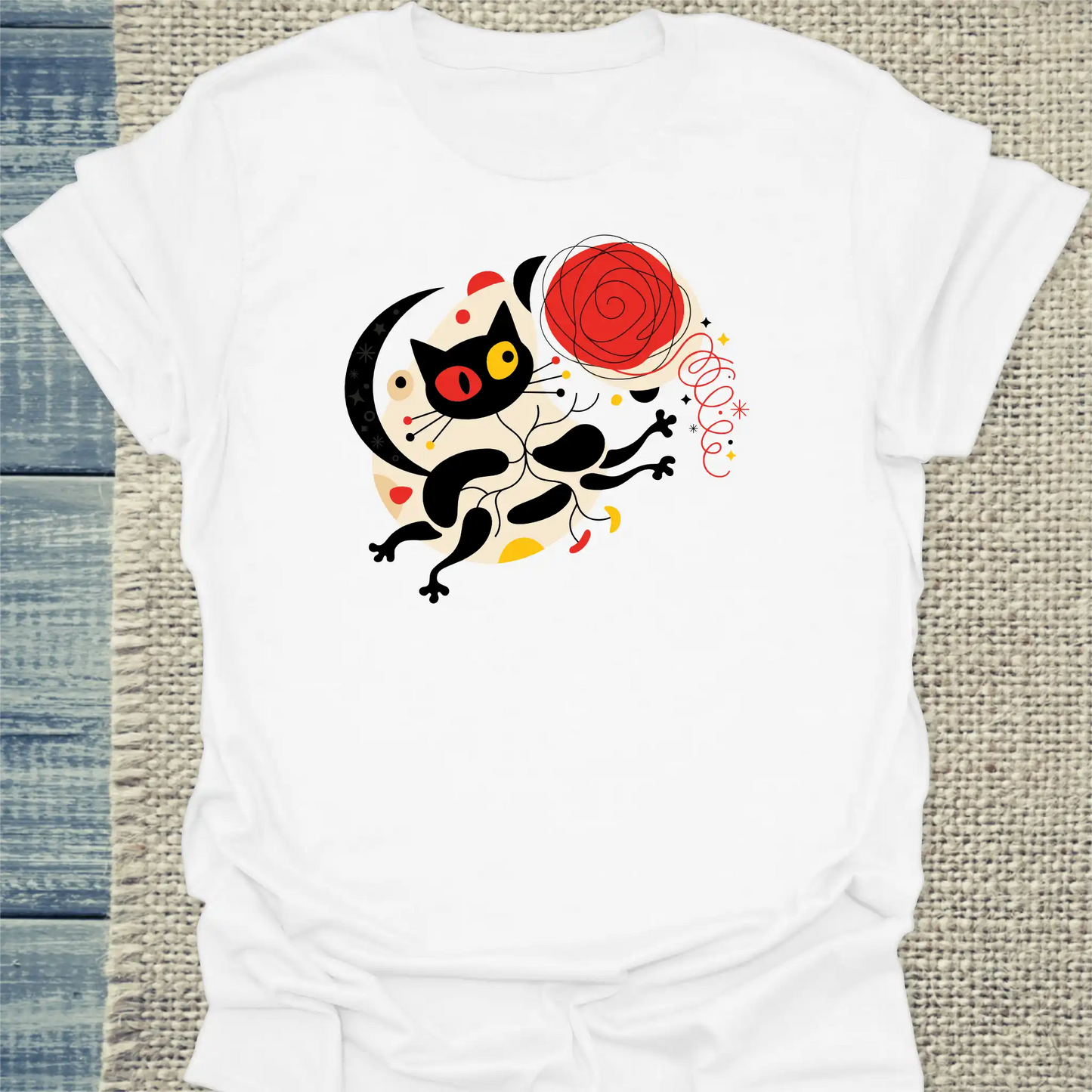 T-Shirt - Miro Chasing Yarn - Unisex - Katze & Kaffee, Kunst Weiß