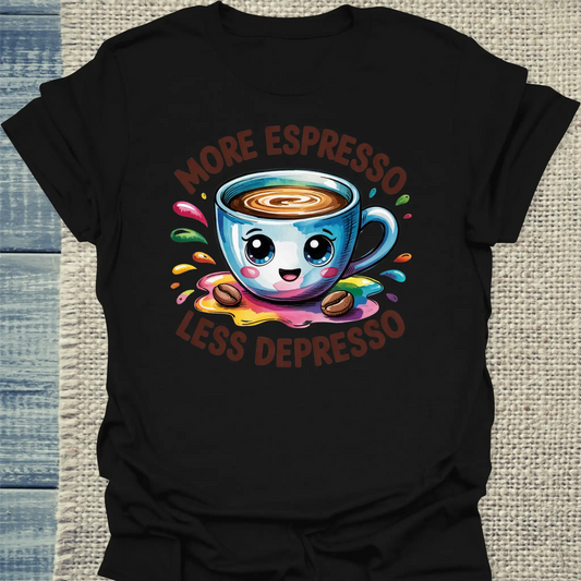 T-Shirt - More Espresso Less Depresso - Bunt - Unisex - Kaffee Schwarz