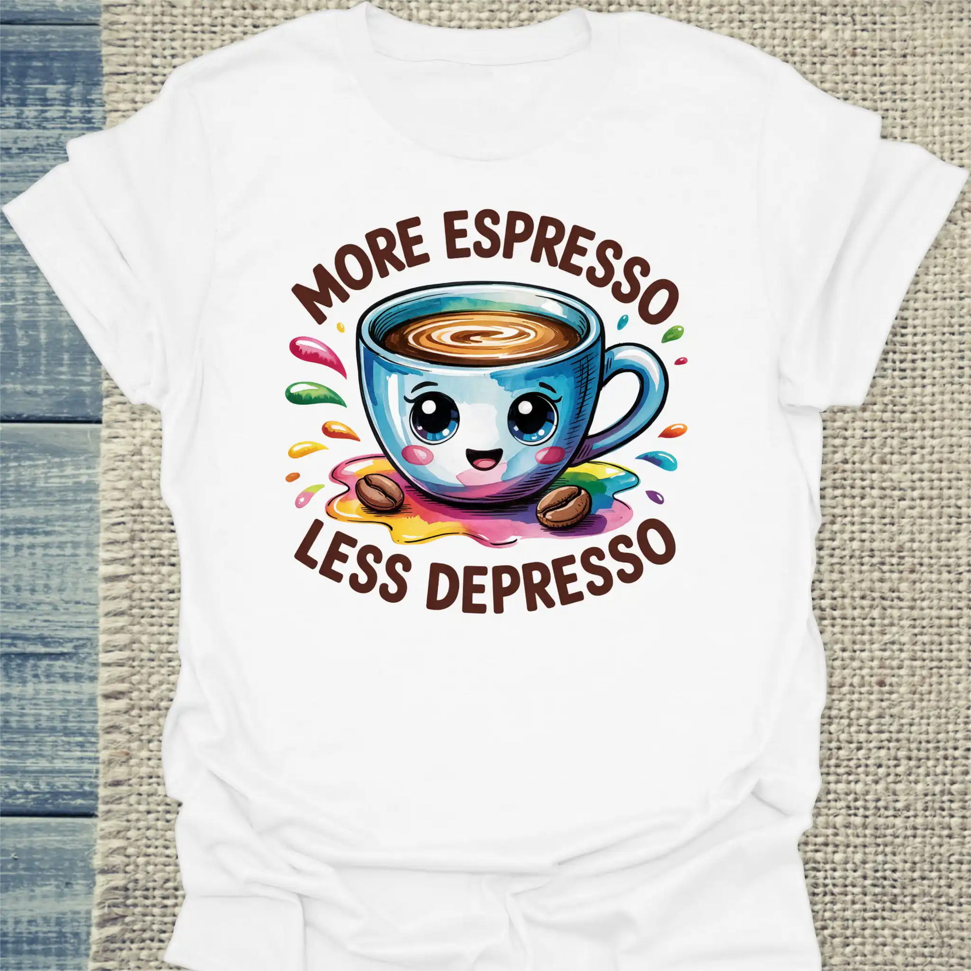 T-Shirt - More Espresso Less Depresso - Bunt - Unisex - Kaffee Weiß