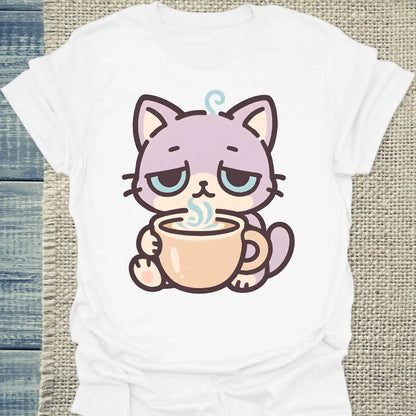 T-Shirt - Müde Katze mit Kaffee - Unisex - Katze & Kaffee Weiß