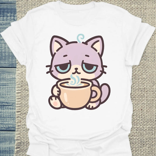 T-Shirt - Müde Katze mit Kaffee - Unisex - Katze & Kaffee Weiß