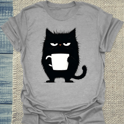 T-Shirt - Mürrische Katze mit Kaffee - Unisex - Katze, Kaffee Grau