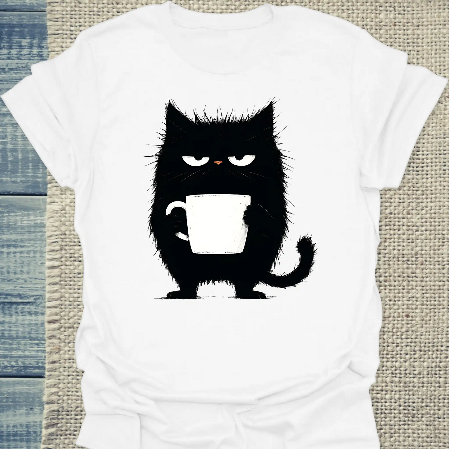 T-Shirt - Mürrische Katze mit Kaffee - Unisex - Katze, Kaffee Weiß