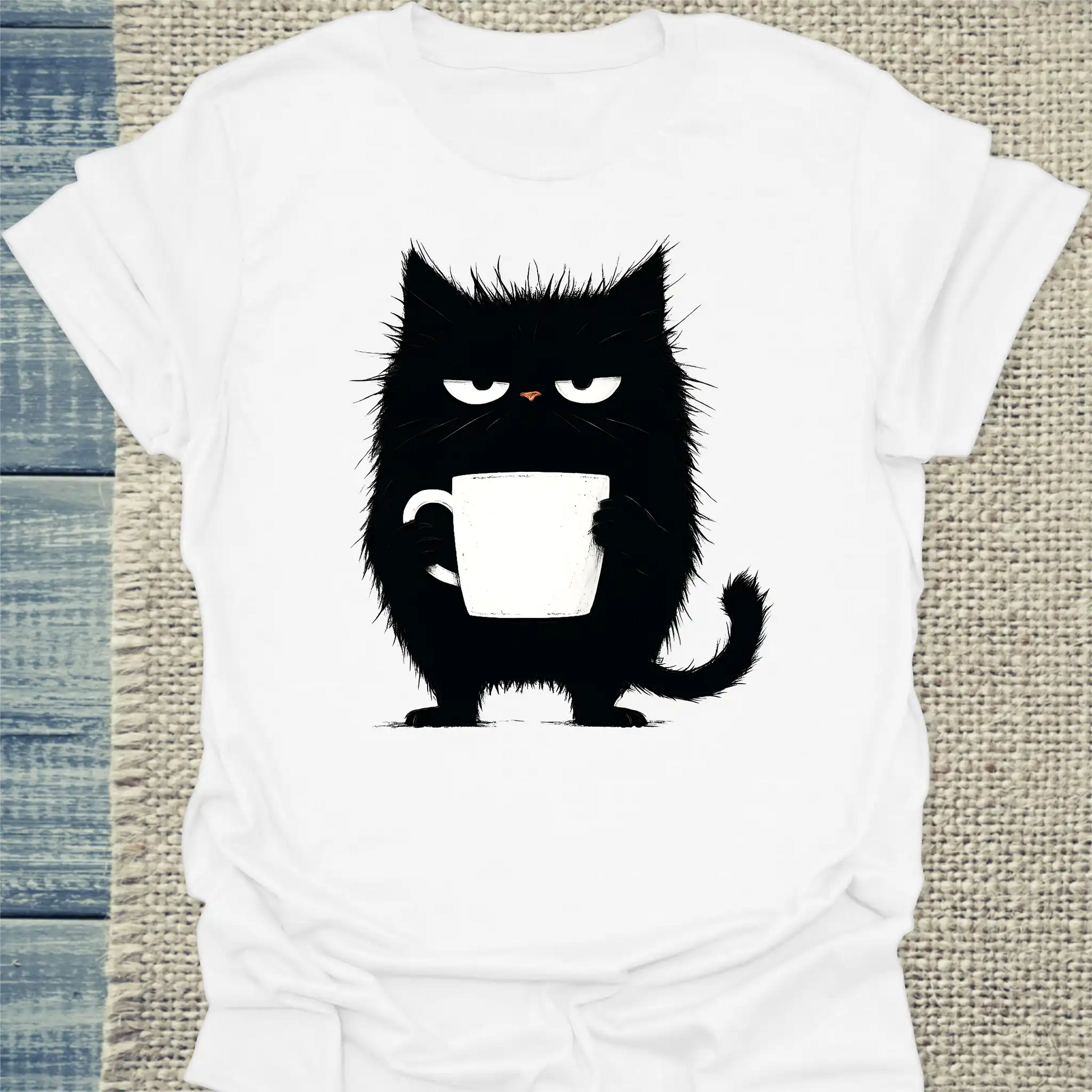 T-Shirt - Mürrische Katze mit Kaffee - Unisex - Katze, Kaffee Weiß