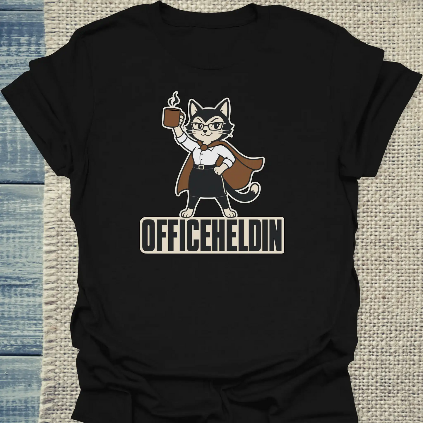 T-Shirt - Officeheldin - Unisex - Katze & Kaffee Schwarz