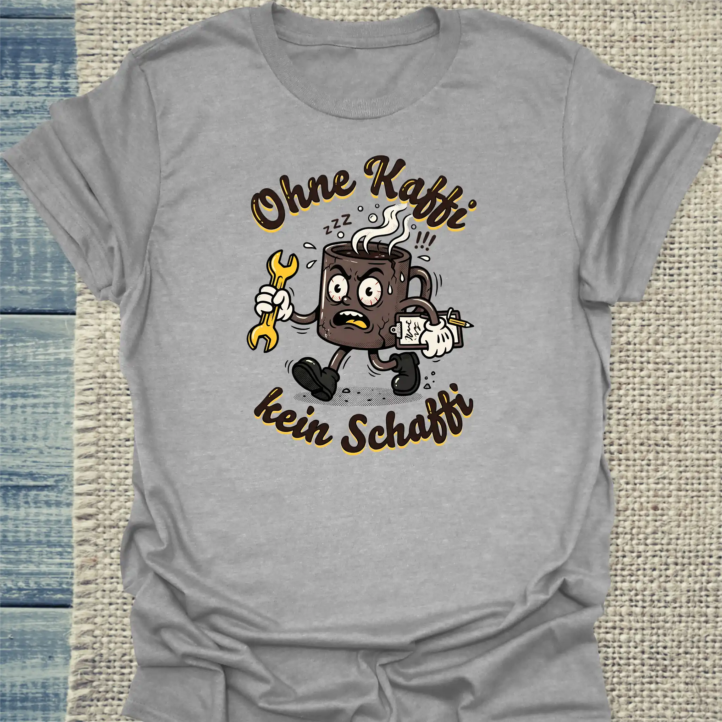 T-Shirt - Ohne Kaffi, kein Schaffi - Unisex - Katze, Sommer Grau