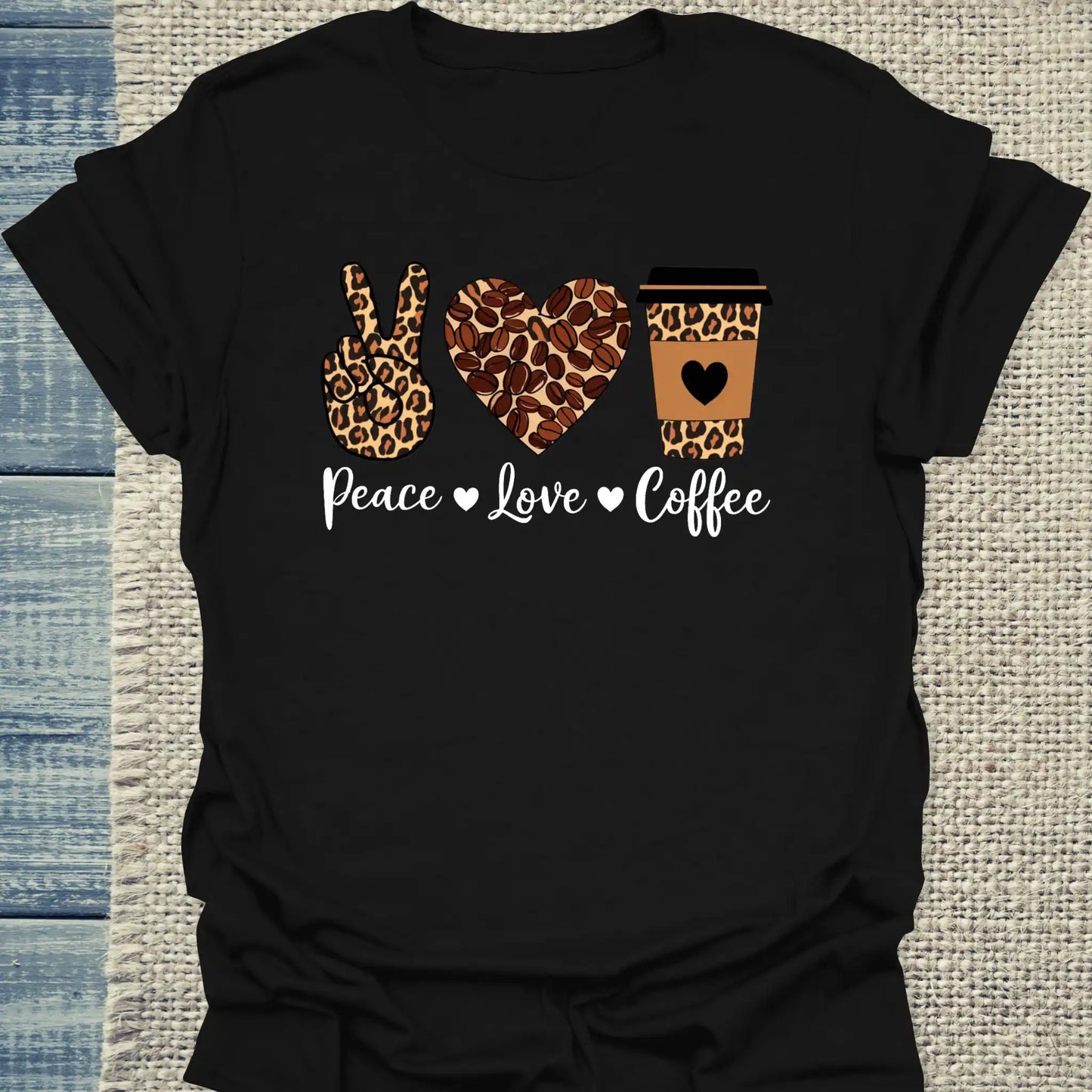 T-Shirt - Peace - Love - Coffee - Unisex - Kaffee Schwarz