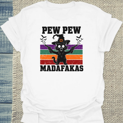 T-Shirt - Pew Pew - Halloween - Unisex - Katze, Halloween Weiß