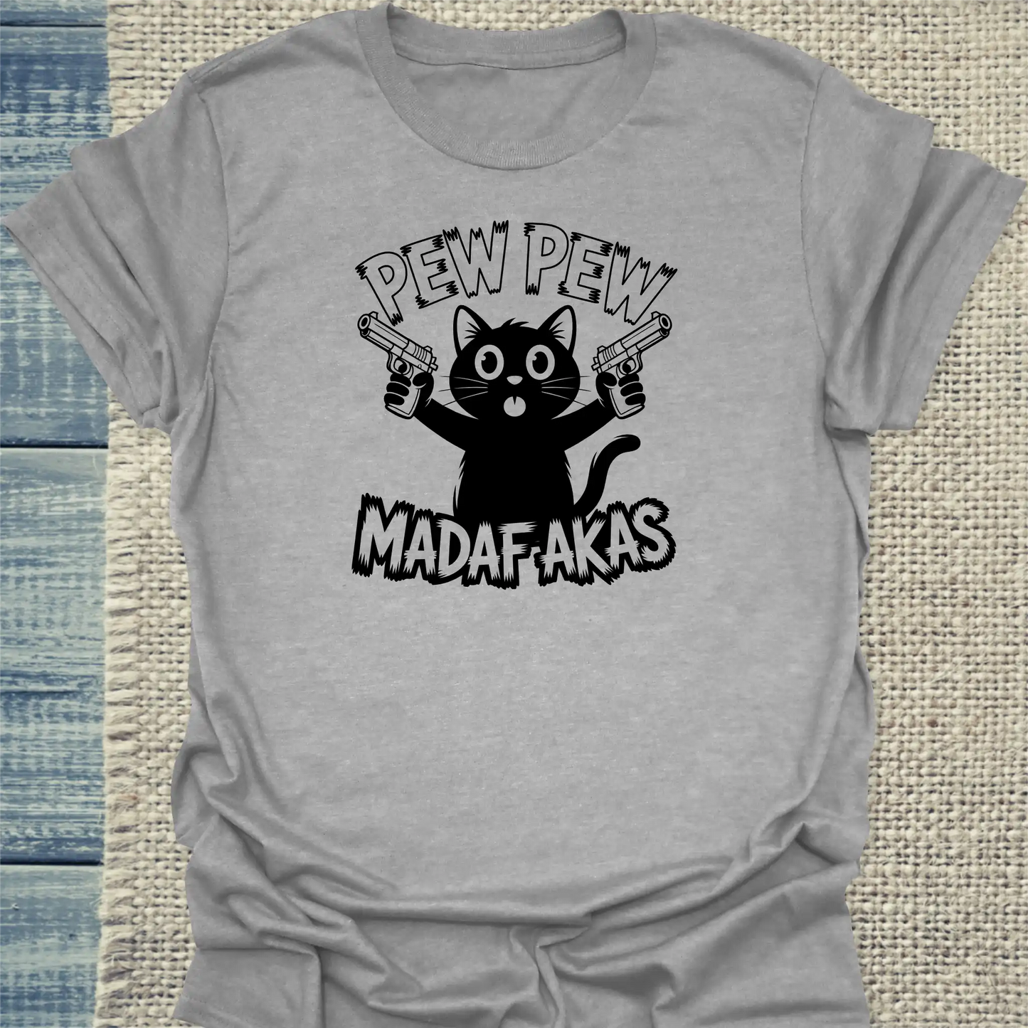 T-Shirt - Pew Pew Madafakas Black - Unisex - Katze, Cat Guy Grau