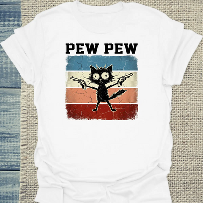 T-Shirt - Pew Pew - Unisex - Katze, Cat Guy Weiß