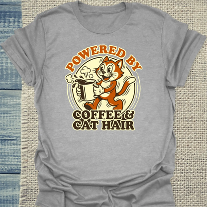 T-Shirt - Powered by Coffee & Cat Hair - Unisex - Katze & Kaffee Grau