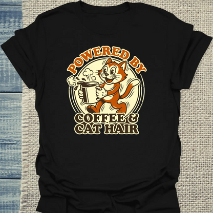 T-Shirt - Powered by Coffee & Cat Hair - Unisex - Katze & Kaffee Schwarz
