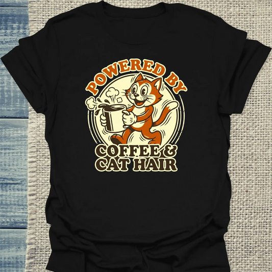 T-Shirt - Powered by Coffee & Cat Hair - Unisex - Katze & Kaffee Schwarz