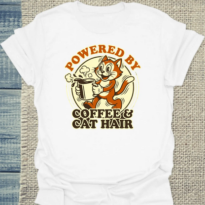 T-Shirt - Powered by Coffee & Cat Hair - Unisex - Katze & Kaffee Weiß