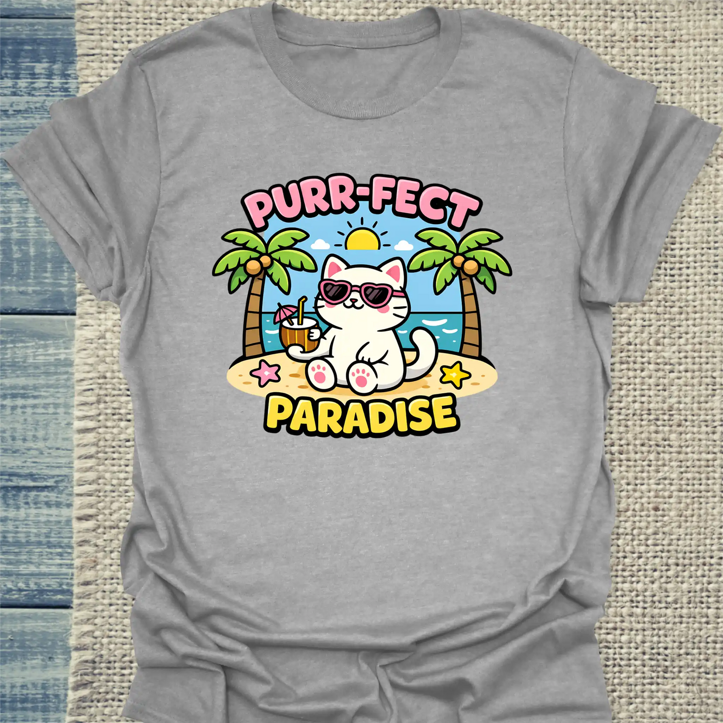 T-Shirt - Purr-Fect Paradise - Unisex - Katze, Sommer Grau