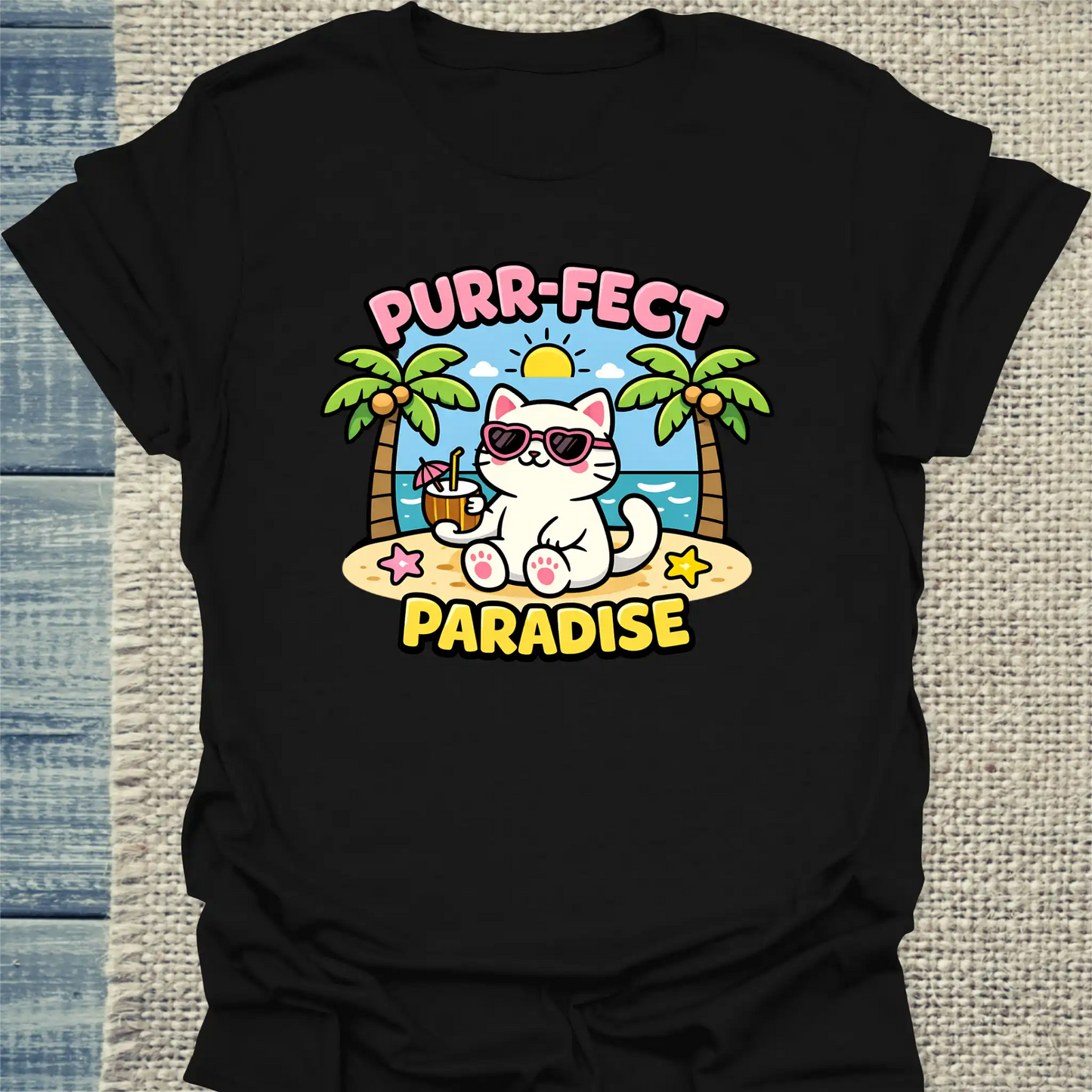T-Shirt - Purr-Fect Paradise - Unisex - Katze, Sommer Schwarz