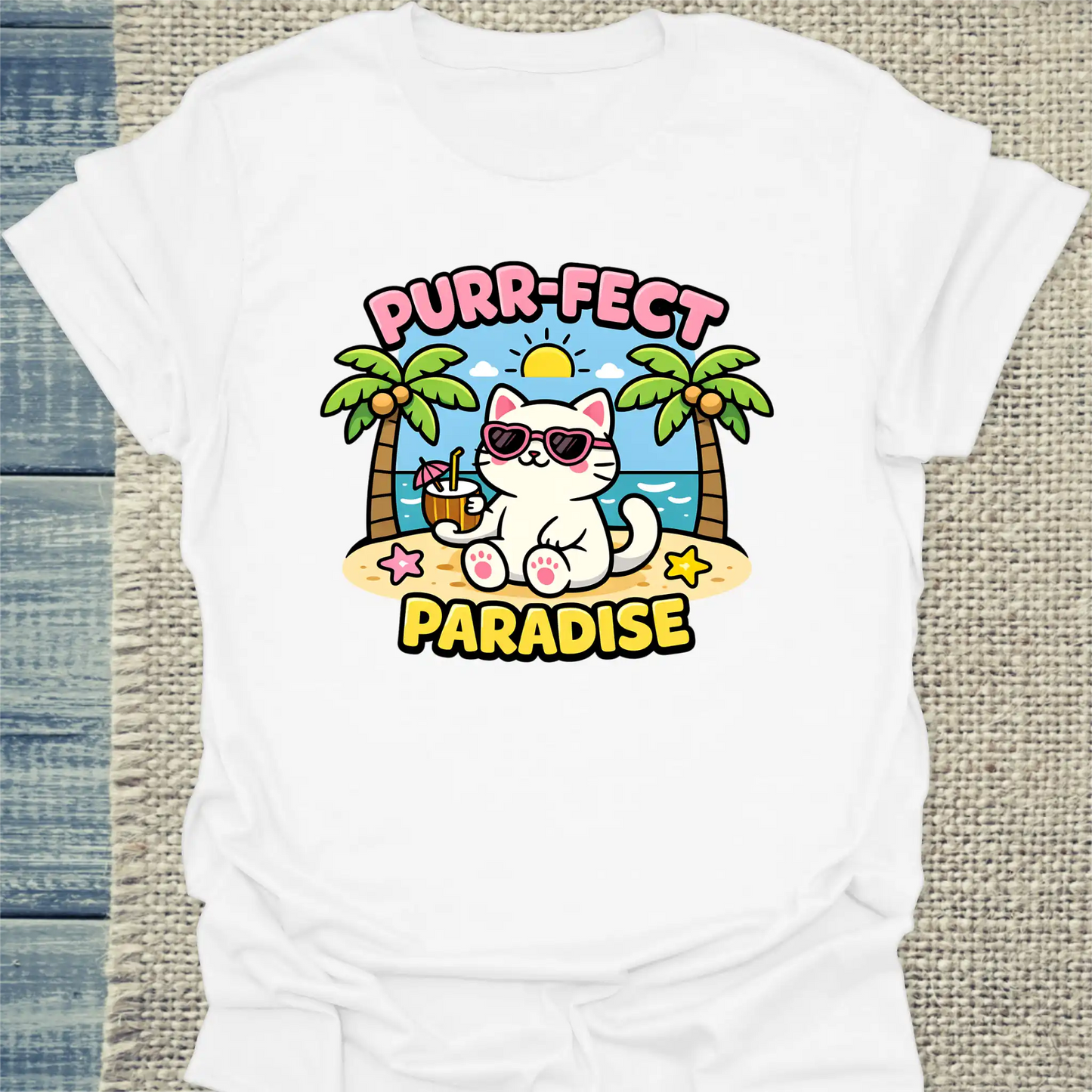 T-Shirt - Purr-Fect Paradise - Unisex - Katze, Sommer Weiß
