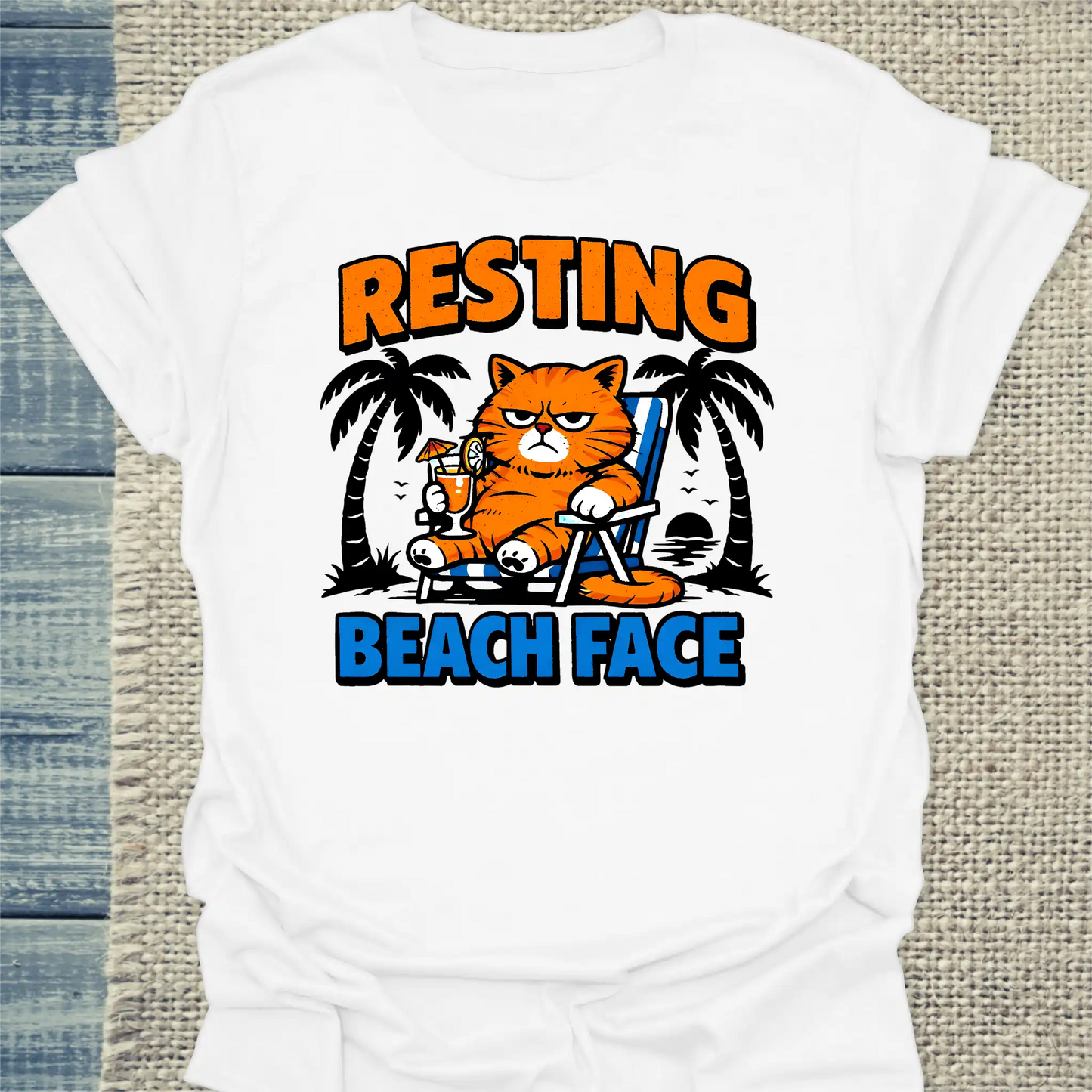 T-Shirt - Resting Beach Face - Unisex - Katze, Sommer Weiß
