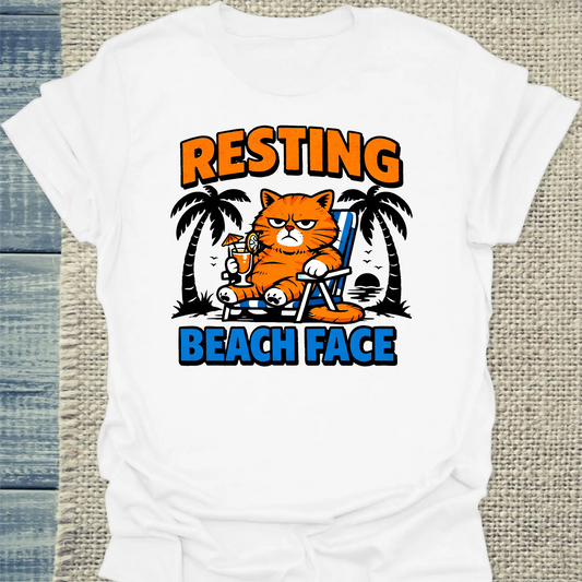 T-Shirt - Resting Beach Face - Unisex - Katze, Sommer Weiß