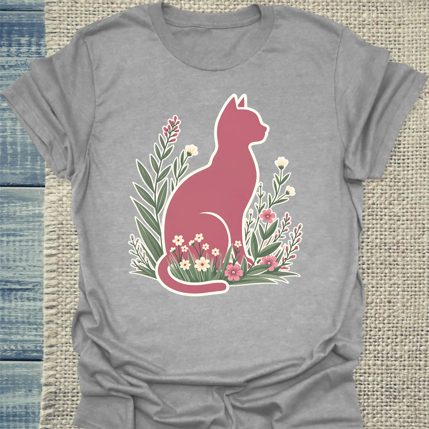 T-Shirt - Rosa Katze im Gras - Unisex - Katze Grau