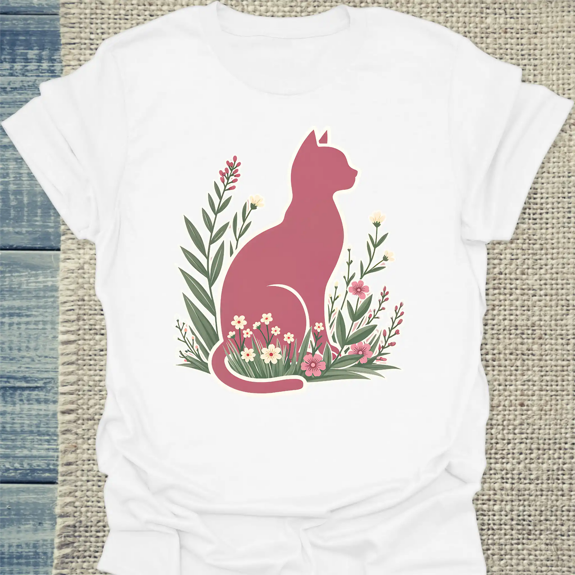 T-Shirt - Rosa Katze im Gras - Unisex - Katze Weiß