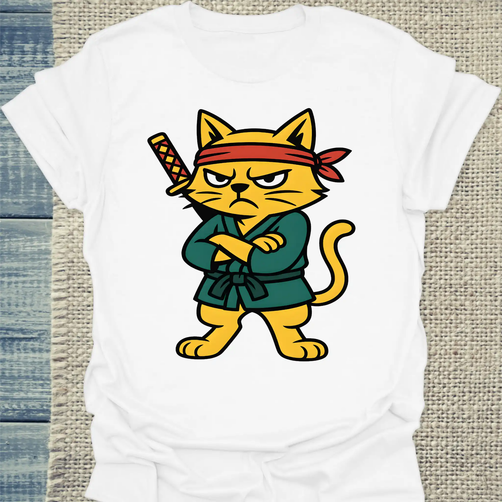 T-Shirt - Samurai Cat - Unisex - Katze Weiß