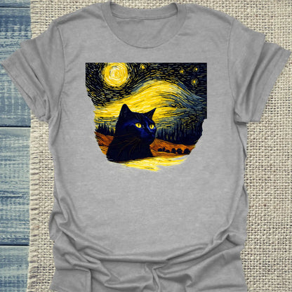 T-Shirt - Schwarze Katze im Abendhimmel - Unisex - Katze Grau