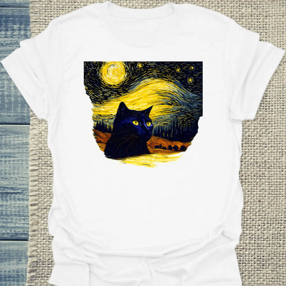 T-Shirt - Schwarze Katze im Abendhimmel - Unisex - Katze Weiß