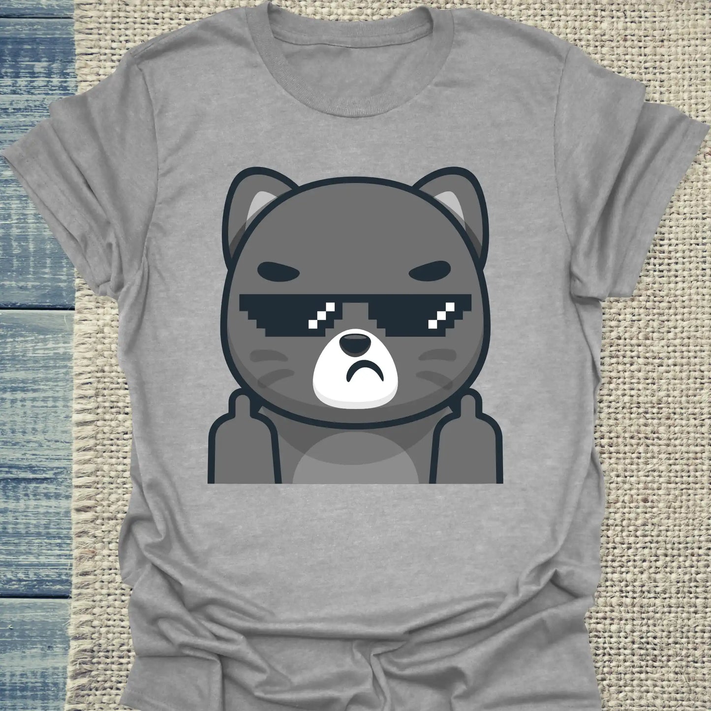 T-Shirt - Schwarze Katze mit Brille Mittelfinger - Unisex - Katze Grau