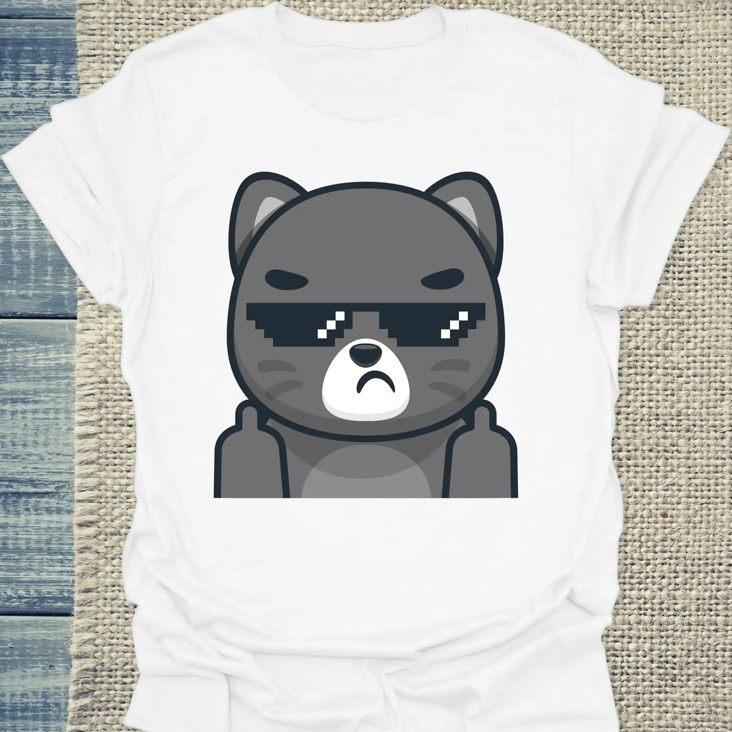 T-Shirt - Schwarze Katze mit Brille Mittelfinger - Unisex - Katze Weiß