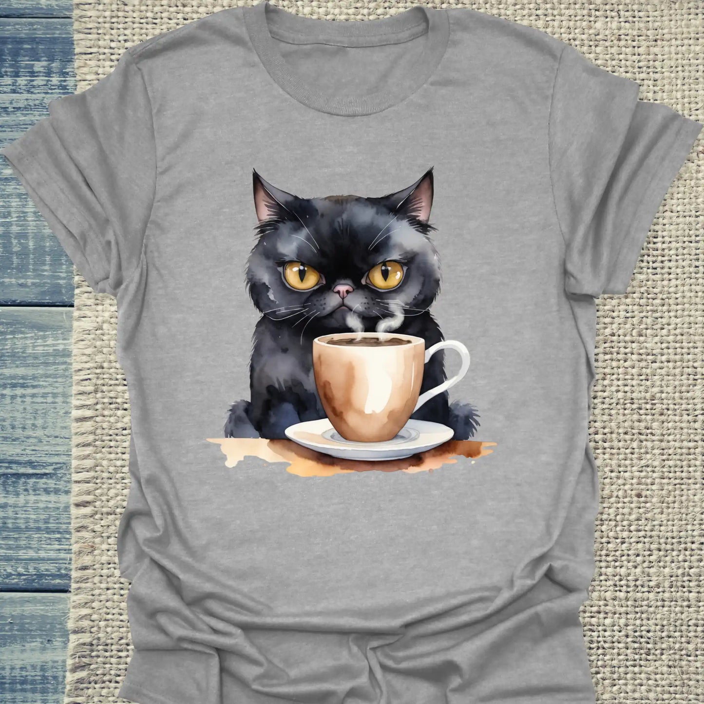 T-Shirt - Schwarze Katze mit Kaffee - Unisex - Katze & Kaffee Grau