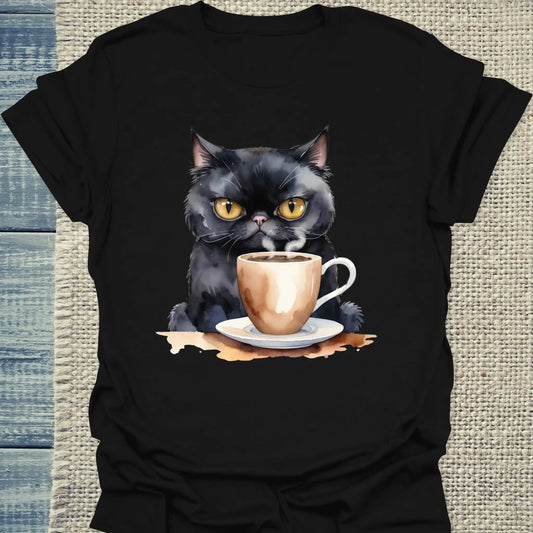T-Shirt - Schwarze Katze mit Kaffee - Unisex - Katze & Kaffee Schwarz
