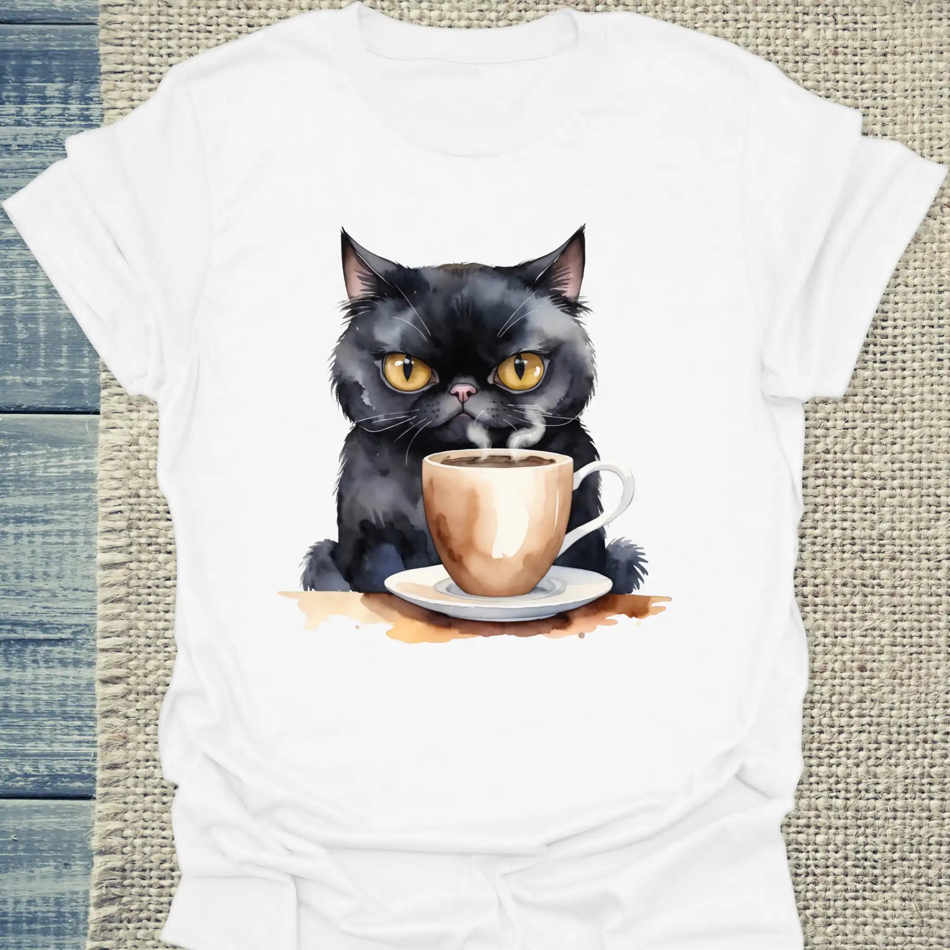 T-Shirt - Schwarze Katze mit Kaffee - Unisex - Katze & Kaffee Weiß