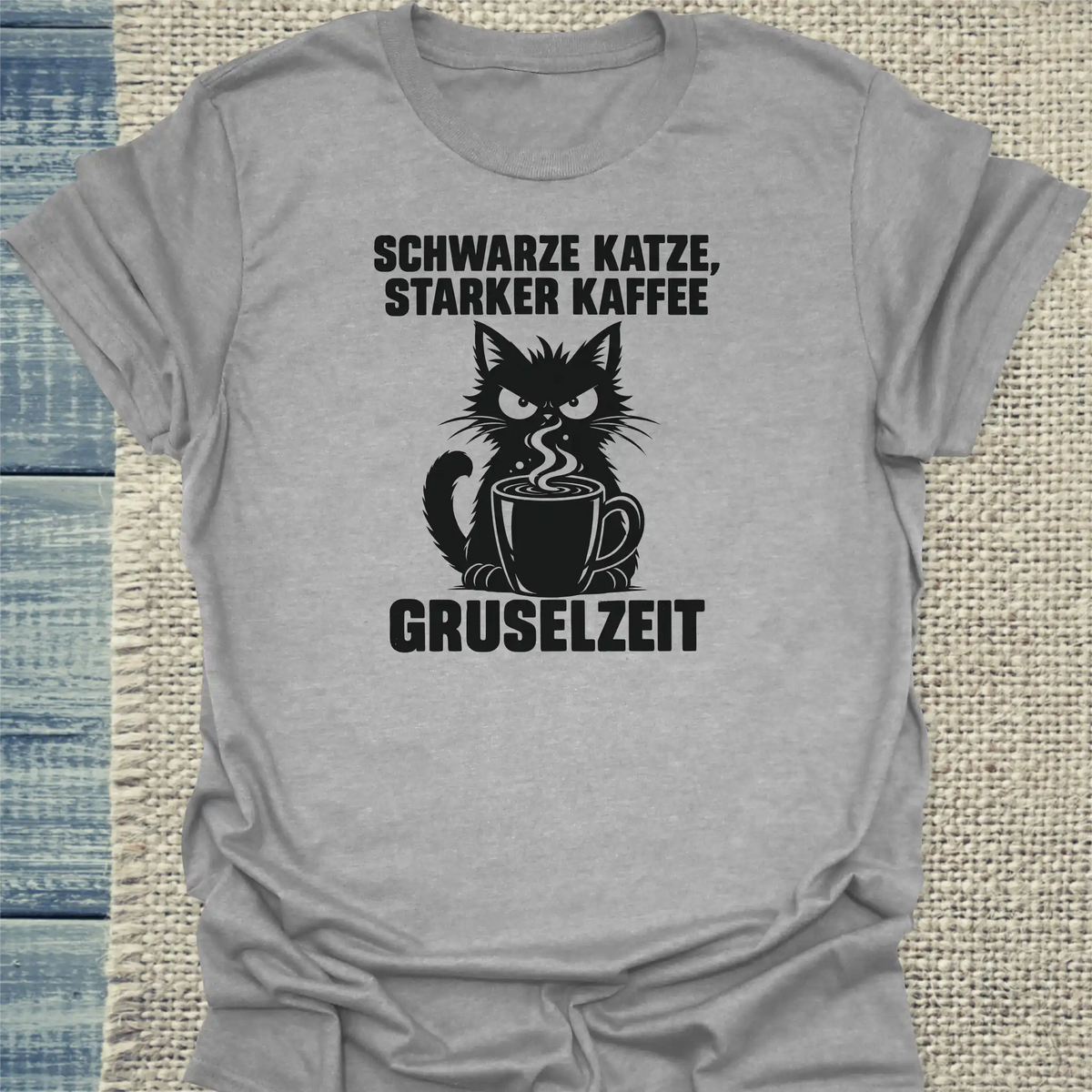 T-Shirt - Schwarze Katze, starker Kaffee, Gruselzeit - Unisex - Katze & Kaffee, Halloween Grau