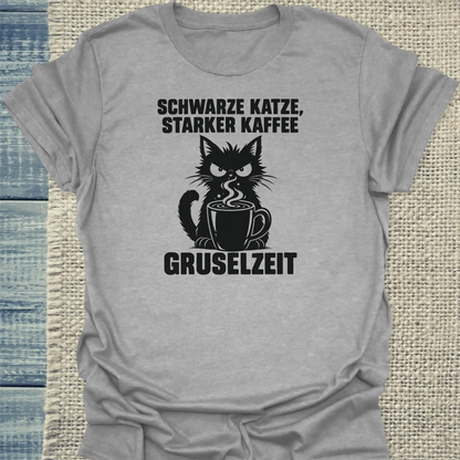 T-Shirt - Schwarze Katze, starker Kaffee, Gruselzeit - Unisex - Katze & Kaffee, Halloween Grau