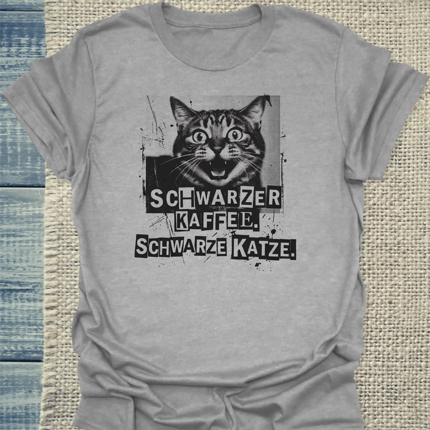 T-Shirt - Schwarzer Kaffee - Schwarze Katze - Unisex - Katze & Kaffee Grau