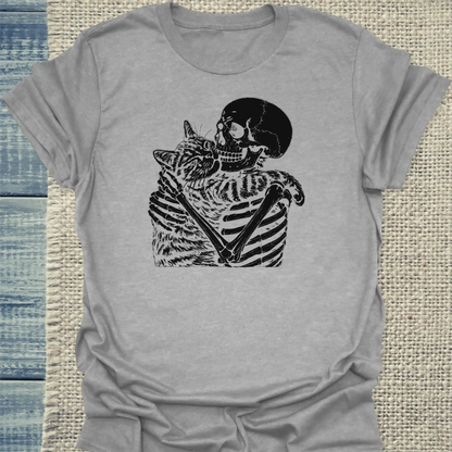 T-Shirt - Skelett mit Katze - Unisex - Katze, Halloween Grau