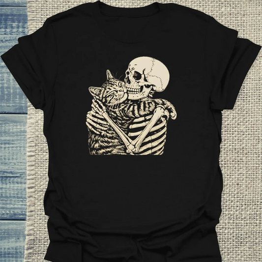 T-Shirt - Skelett mit Katze - Unisex - Katze, Halloween Schwarz